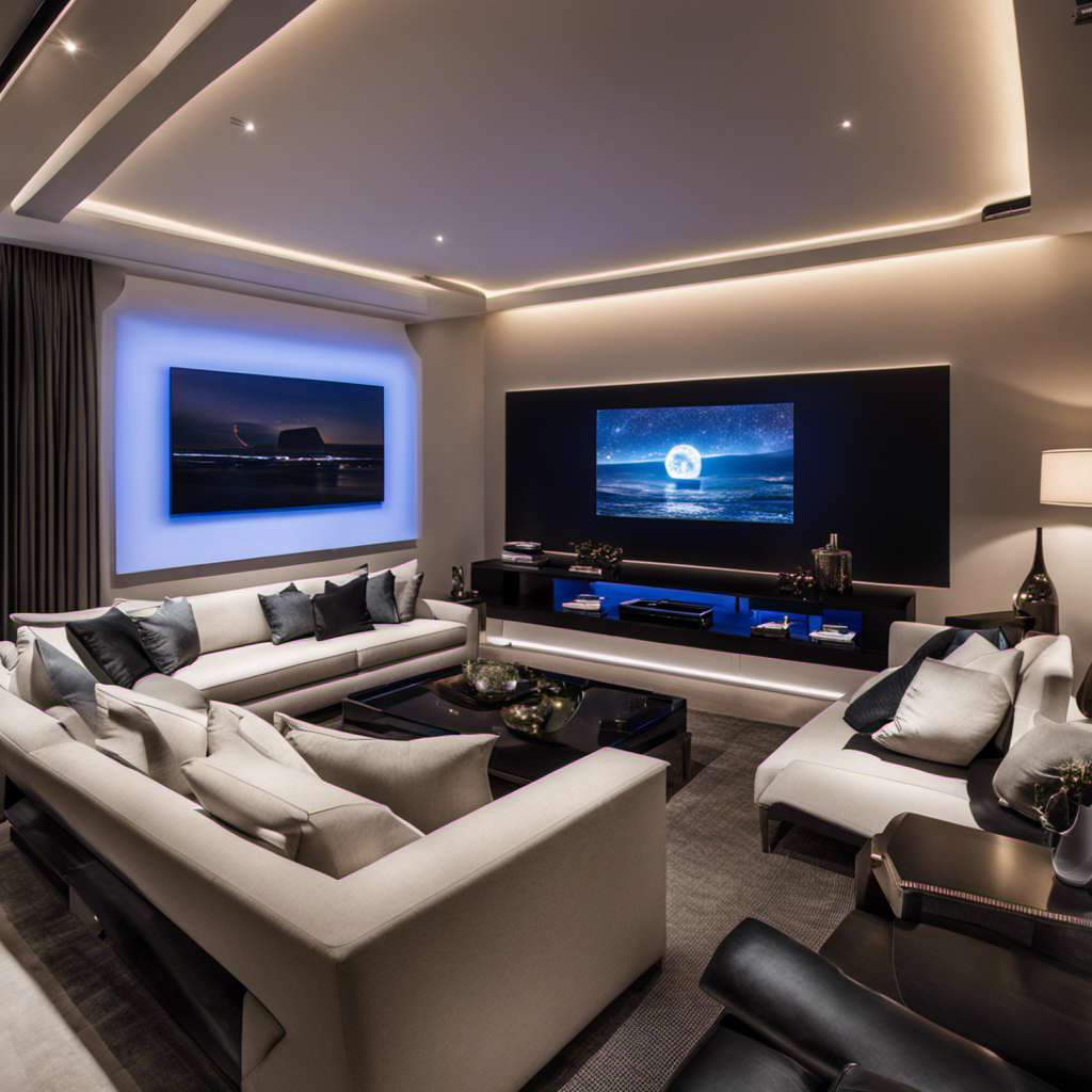 An image showcasing a sleek living room with a state-of-the-art home theater system: a massive OLED TV mounted on a wall, surround sound speakers seamlessly blending into the decor, and a cozy seating arrangement for an immersive audio-visual experience