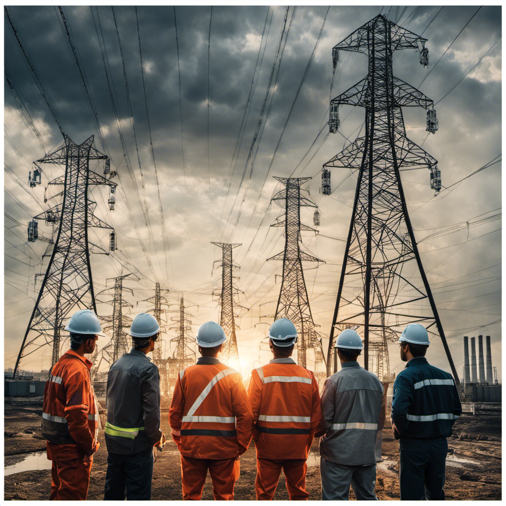 An image featuring a diverse group of engineers and technicians standing confidently in front of a modern power plant, surrounded by buzzing transmission lines, symbolizing their collective efforts in combatting electricity loss and paving the way towards a brighter future