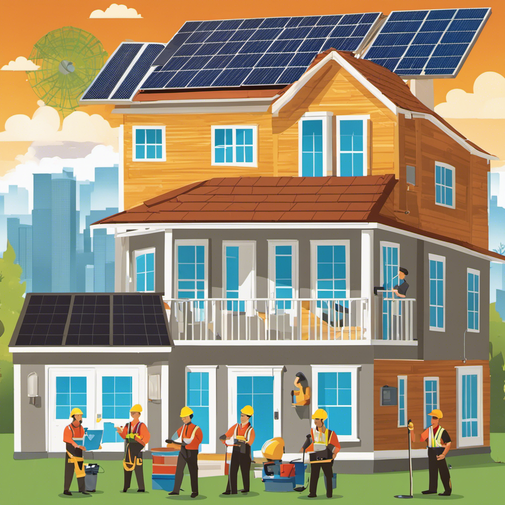 An image showcasing a diverse group of professionals, including contractors, electricians, insulators, and solar installers, working together in a residential setting, focusing on energy-efficient solutions