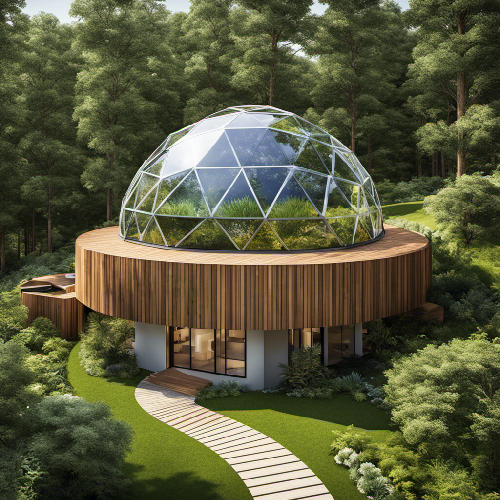 An image showcasing a lush green landscape with a geodesic dome nestled among trees, flanked by cube-shaped homes