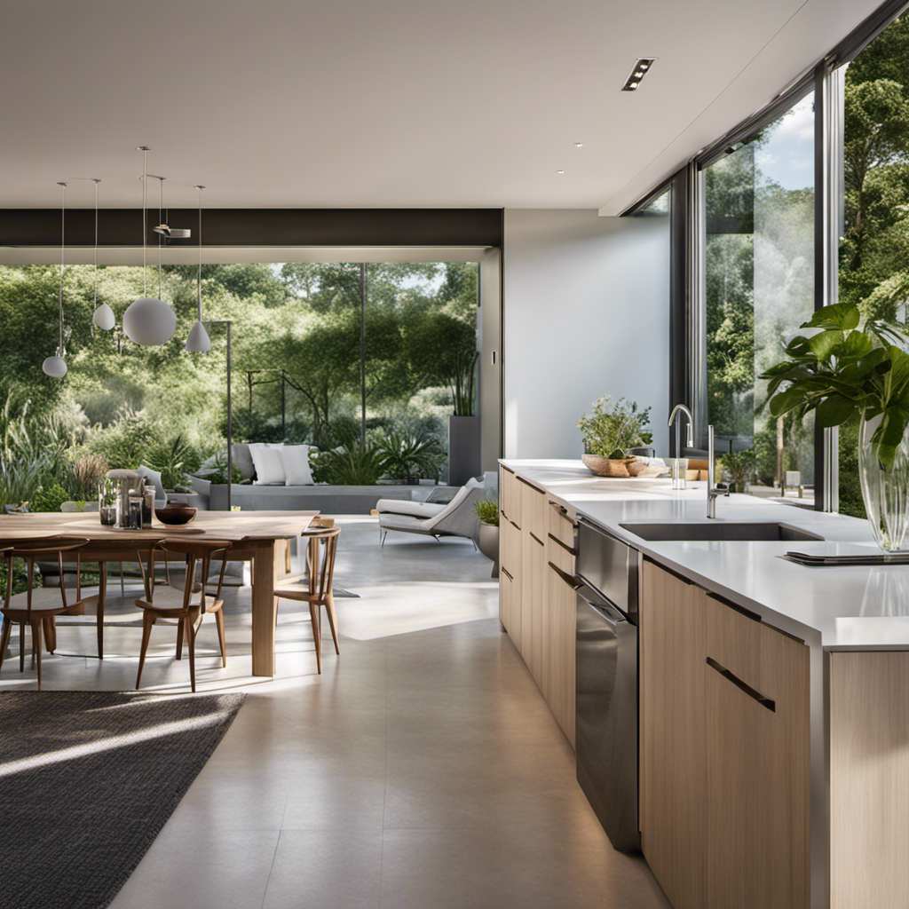 An image showcasing a modern, sunlit home surrounded by a lush green garden