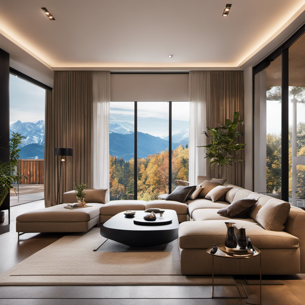 An image showcasing a modern, cozy living room bathed in warm natural light; energy-efficient windows with thermal curtains, LED lighting, and a smart thermostat contribute to the sustainable ambiance