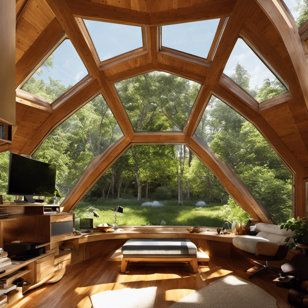 An image showcasing an energy-efficient home with a geodesic dome structure, thick insulation enveloping the walls, a cool roof reflecting sunlight, well-placed windows for natural ventilation, and strategically positioned solar panels harnessing passive solar energy
