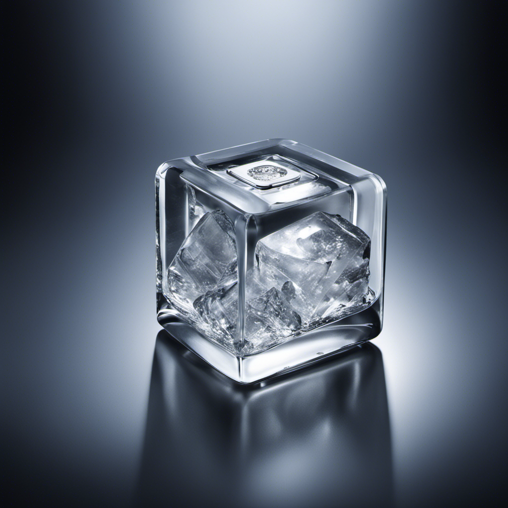 An image showcasing a crystal-clear ice cube being formed inside an energy-efficient ice machine