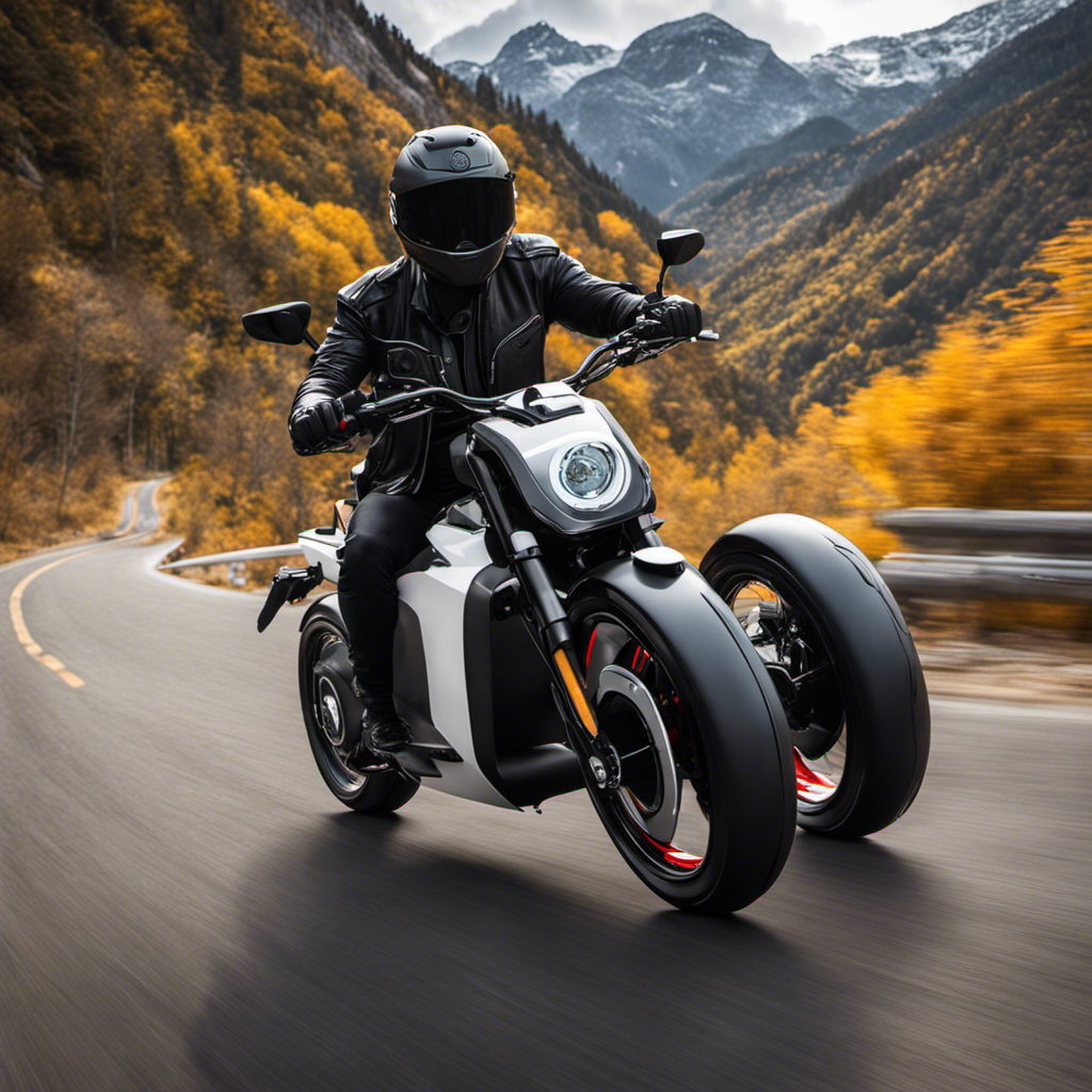 An image that showcases a sleek electric motorcycle cruising through scenic mountain roads, with Bluetooth speakers mounted on the handlebars, emitting crystal-clear sound and enhancing the rider's experience