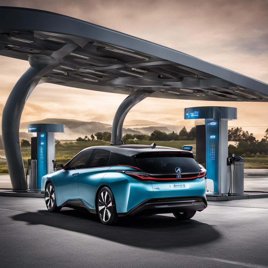 An image showcasing a sleek hydrogen fuel cell car, parked at a state-of-the-art refueling station