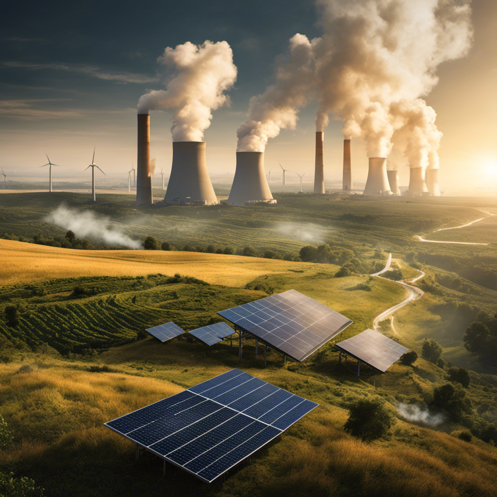 An image depicting a vast landscape with numerous conventional power plants emitting smoke, while a small solar panel stands alone in the corner, symbolizing the minimal contribution of solar power to our energy needs