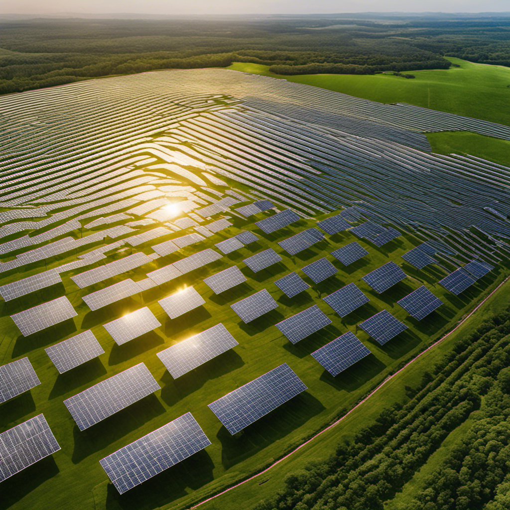 An image showcasing a vast solar field, with rows of gleaming mirrors reflecting sunlight towards a central tower, surrounded by a lush green landscape
