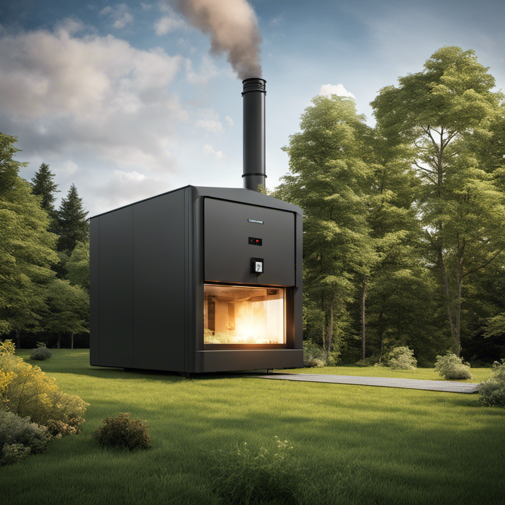 An image showcasing a modern biomass boiler in a serene countryside setting, emitting clean, white steam against a backdrop of lush greenery