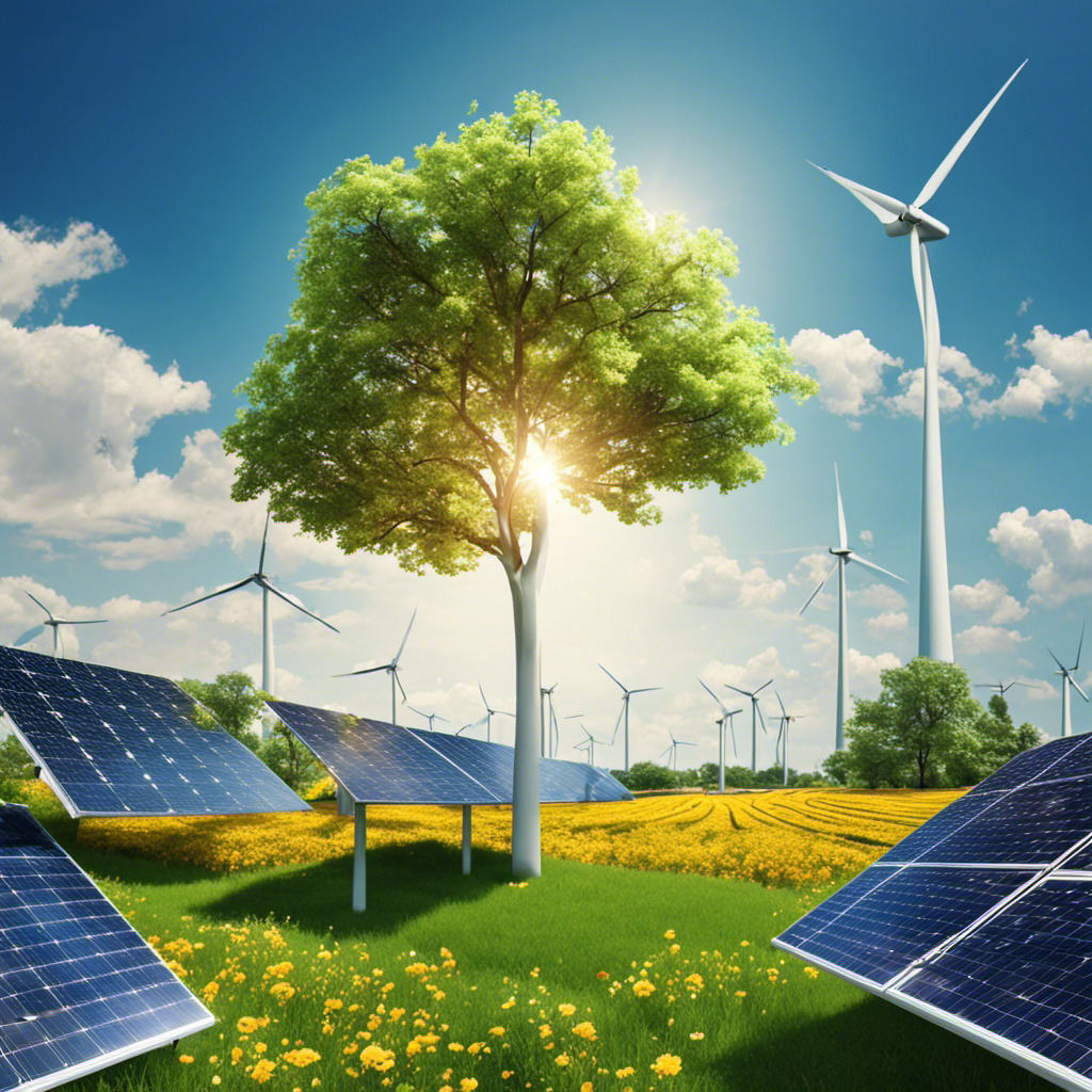An image showcasing a blossoming tree, surrounded by solar panels and wind turbines, against a backdrop of clear blue skies