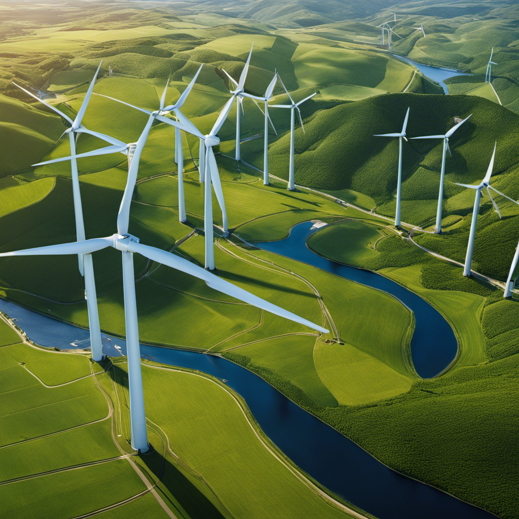 An image showcasing a dynamic aerial view of a wind farm, where sturdy, flexible cables elegantly connect the towering wind turbines, conveying a sense of strength, resilience, and the capacity to harness renewable energy
