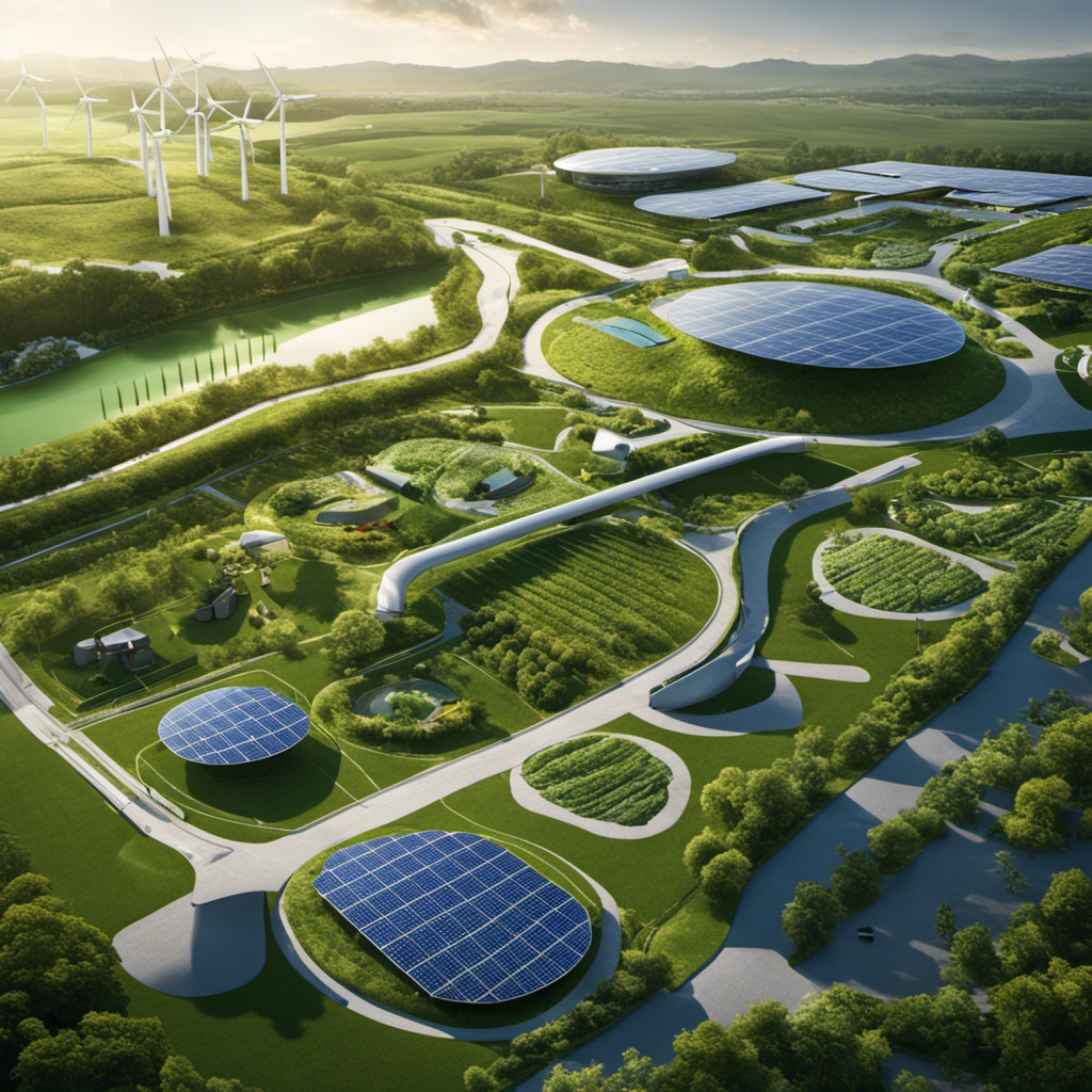 An image showcasing a lush green landscape with a modern industrial facility in the background, surrounded by solar panels, wind turbines, recycling stations, and employees engaged in sustainable practices like composting, using electric vehicles, and implementing circular economy principles