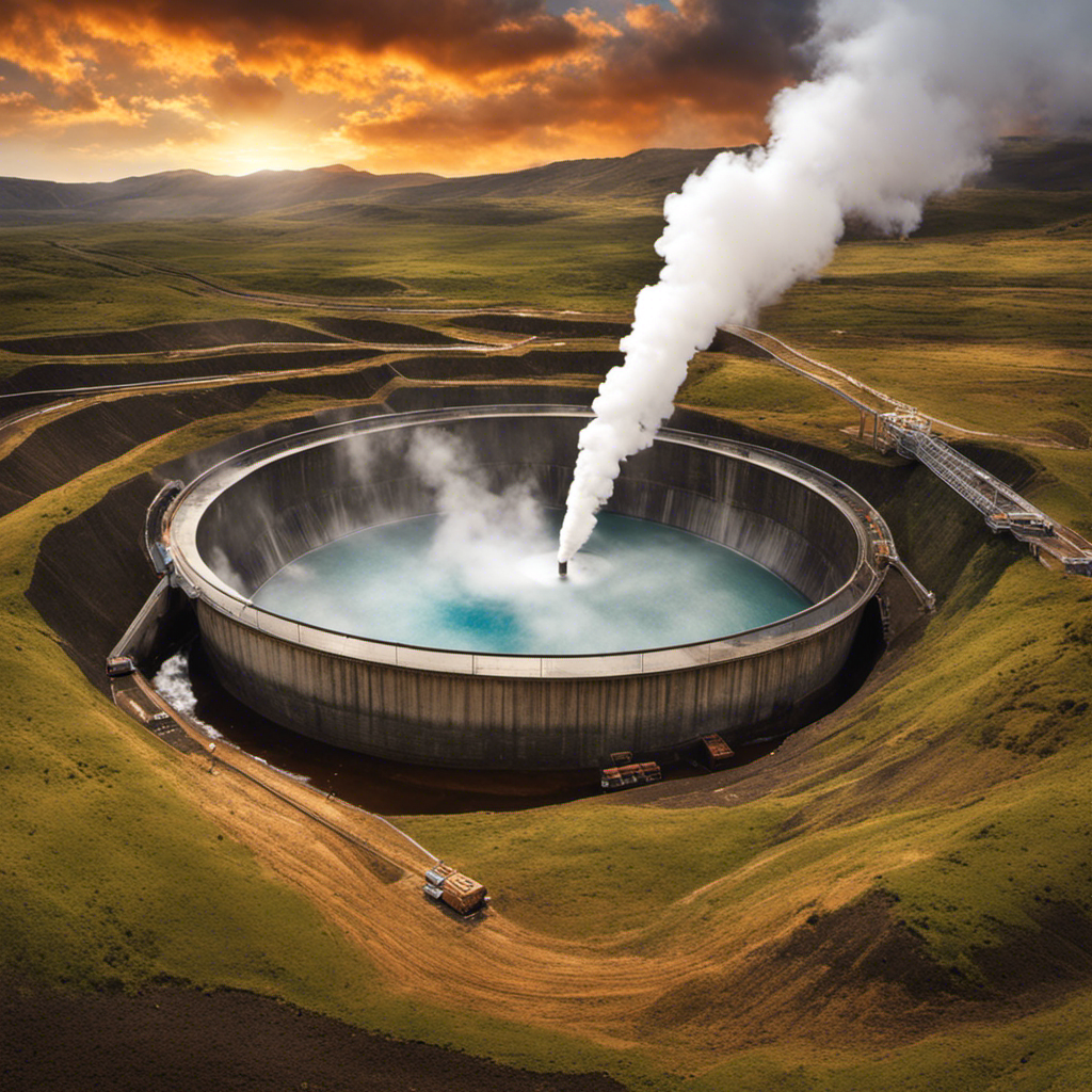 An image showcasing the intricate process of harnessing geothermal energy: depict an underground reservoir with hot water and steam being extracted through a well and channeled into a power plant, where turbines generate electricity