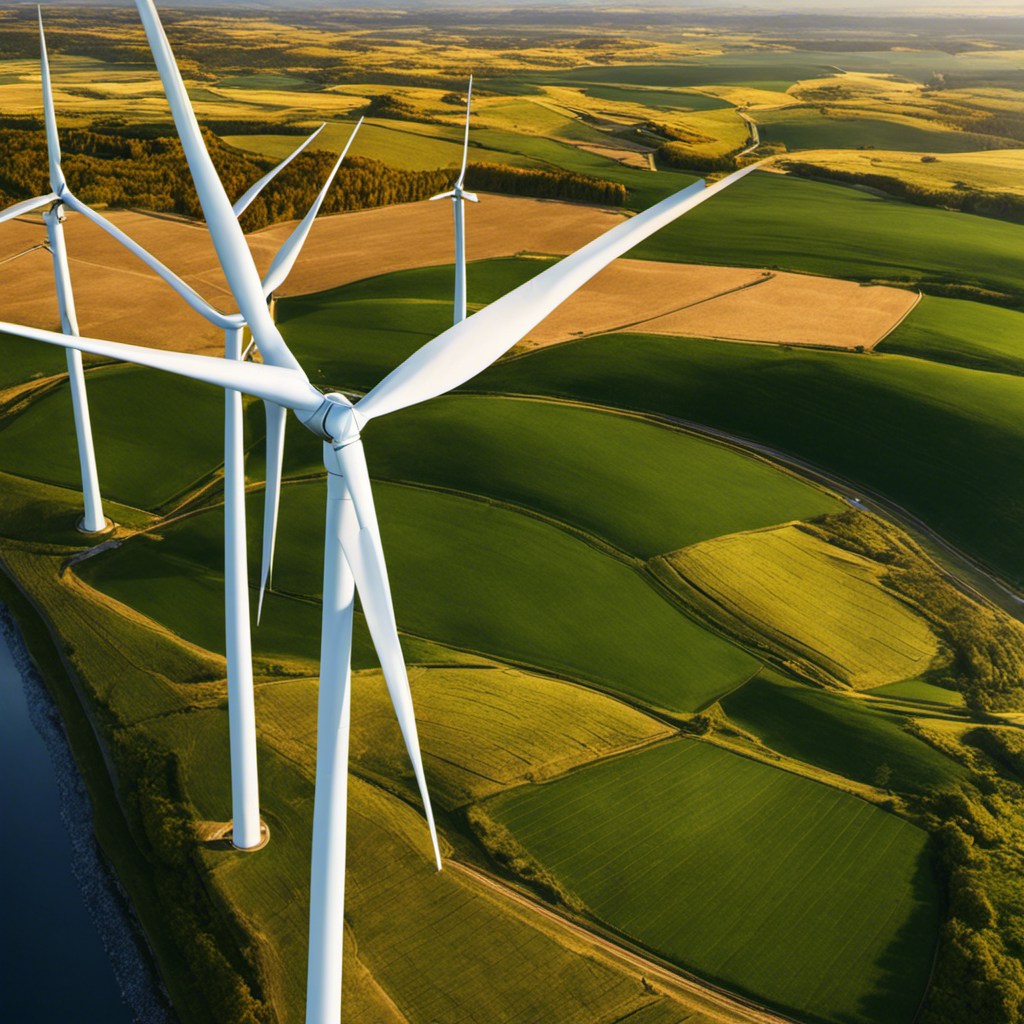 An image that showcases a vast landscape with a wind farm in the foreground