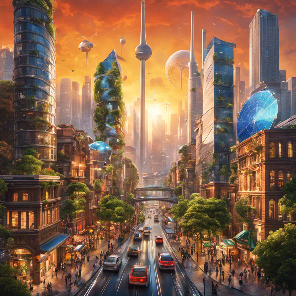 An image depicting a bustling cityscape with buildings adorned in vibrant solar panels, wind turbines gracefully spinning amidst skyscrapers, electric vehicles zipping through the streets, and eco-friendly businesses thriving in harmony with nature