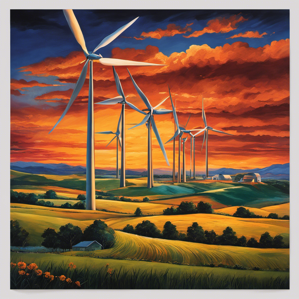 An image showcasing a vibrant landscape with wind turbines gracefully spinning against a backdrop of a glowing sunset