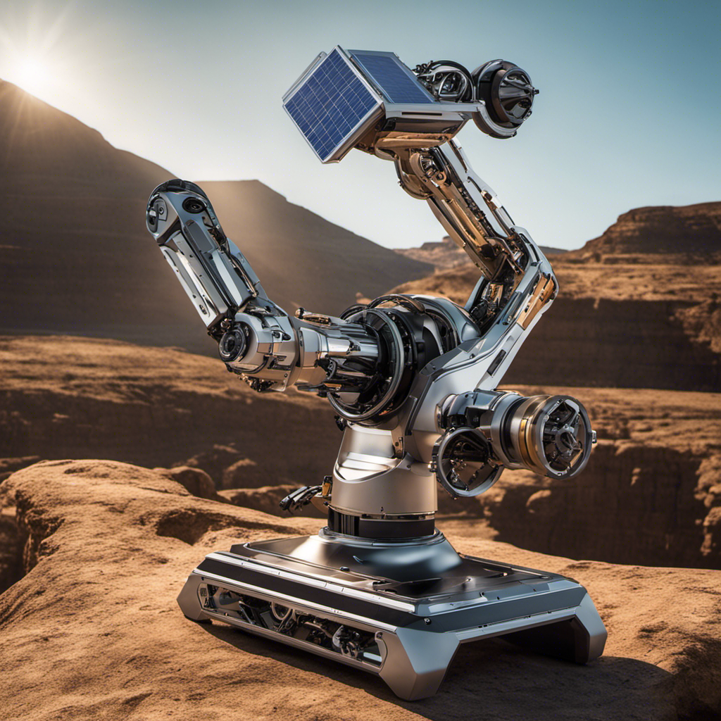 An image featuring a futuristic robotic arm powered by a combination of solar panels and a hydraulic system