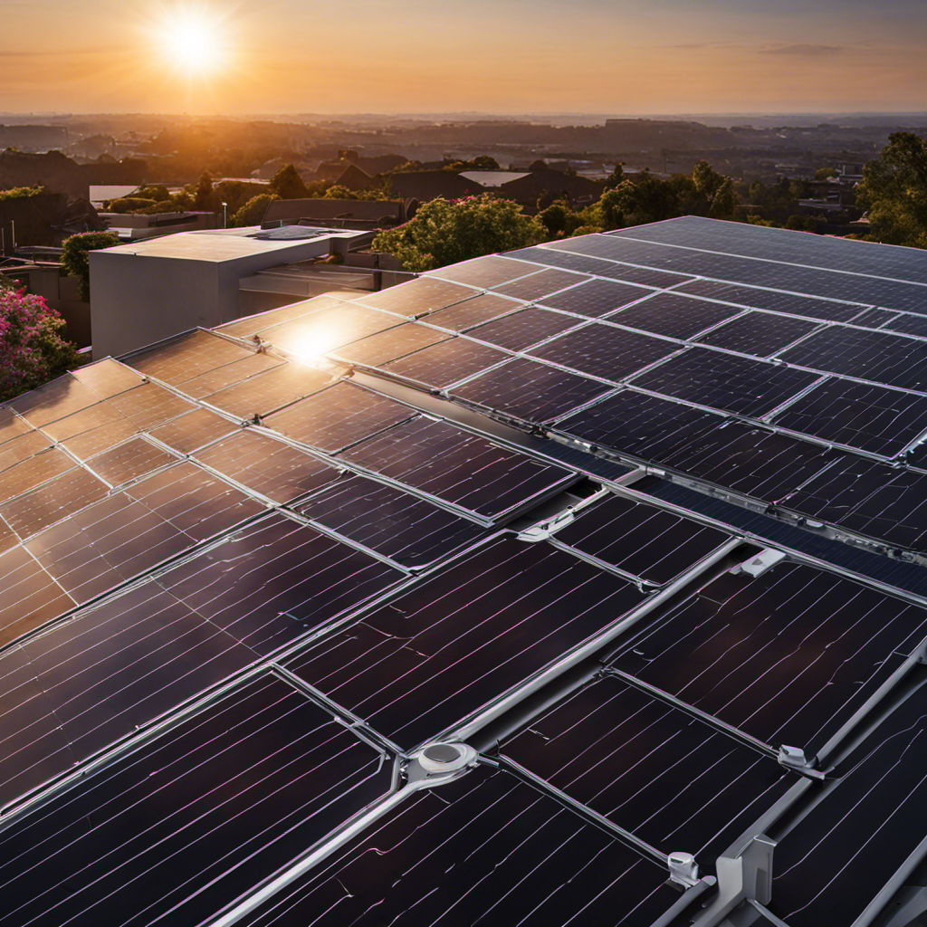 An image showcasing a sleek, modern solar panel system installed on a rooftop, with the sun shining brightly overhead, casting a warm glow on the surrounding environment, highlighting the efficiency and beauty of solar energy