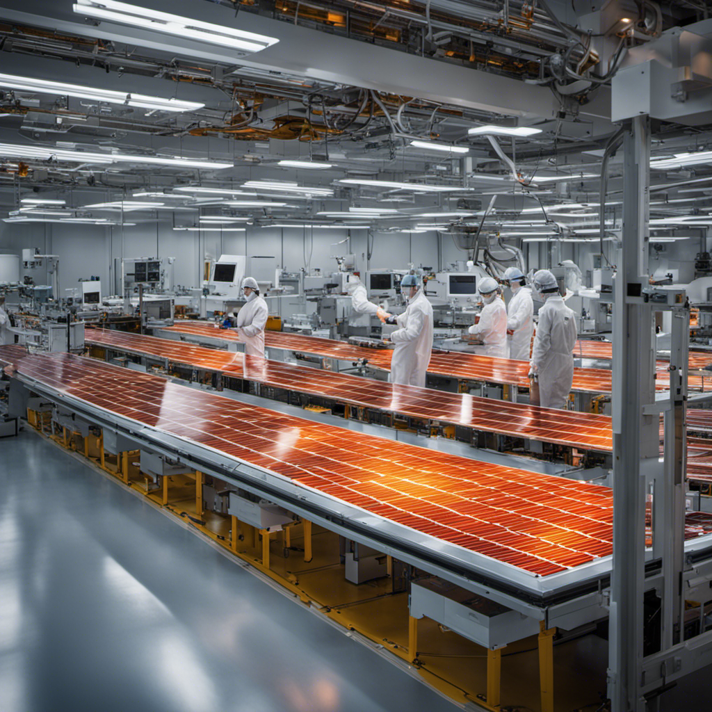 An image showcasing a bustling solar panel manufacturing facility, where technicians clad in protective gear assemble intricate circuitry, while automated machines precisely cut, solder, and mount solar cells onto sleek frames, amidst a backdrop of vibrant solar panels awaiting deployment