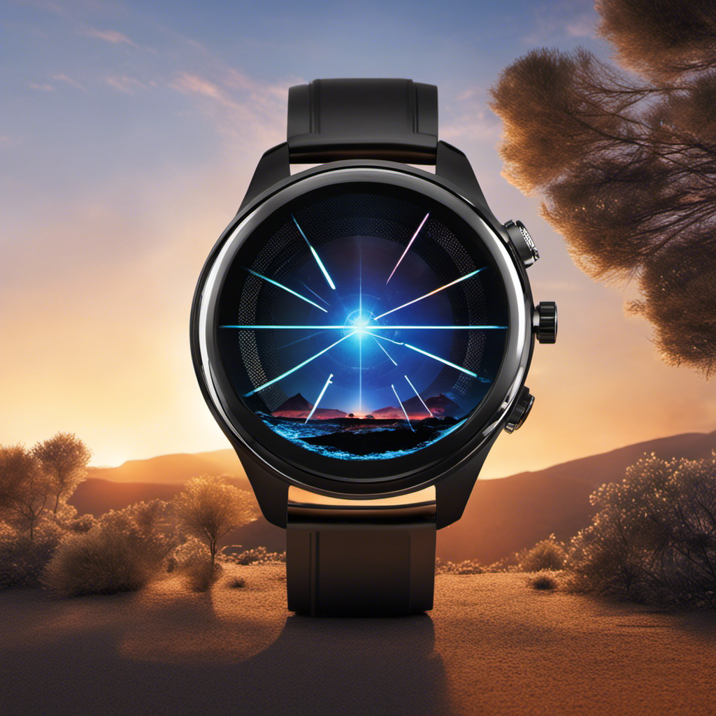 An image showcasing a person wearing a sleek, futuristic smartwatch that harnesses sunlight through its crystal-clear solar panel, while vibrant rays illuminate the surrounding environment and power countless tiny LEDs on the device
