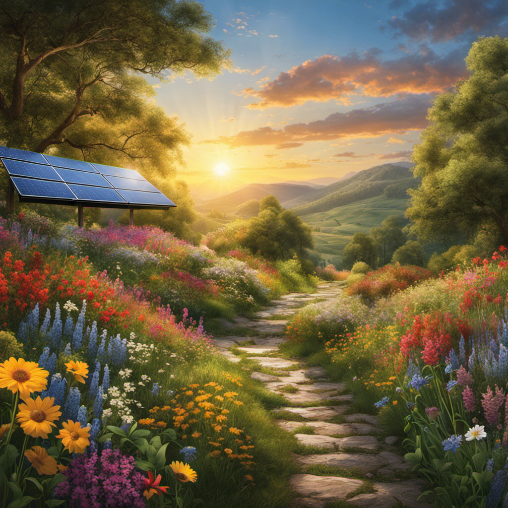 An image capturing a lush, biodiverse landscape where vibrant wildflowers bloom beneath solar panels, showcasing the harmonious coexistence of renewable energy and thriving wildlife
