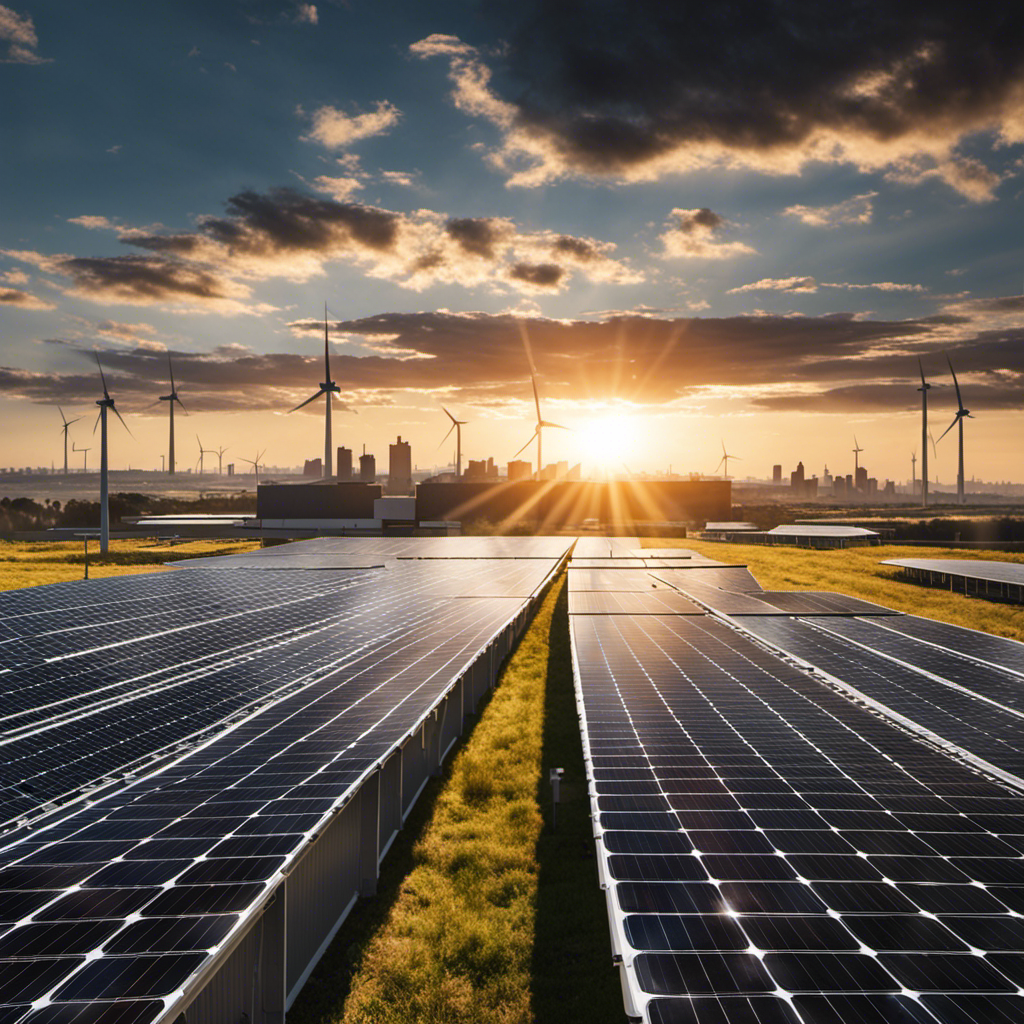 An image showcasing an urban rooftop covered in sleek, black solar panels, with the sun shining brightly overhead