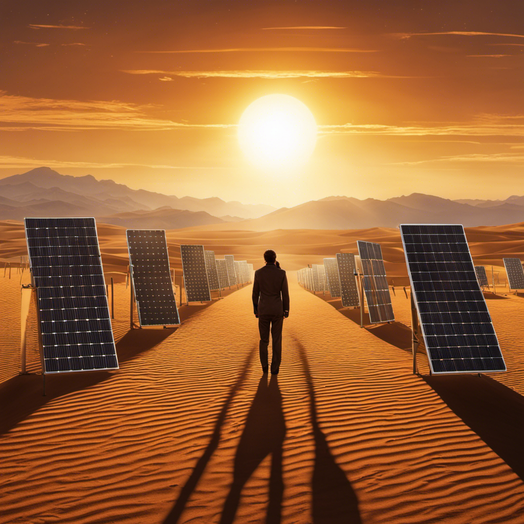 An image that depicts a vast, sun-drenched desert landscape, dotted with gleaming solar panels that stretch towards the horizon