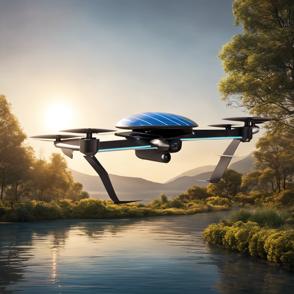 An image showcasing a sleek, futuristic solar-powered drone hovering gracefully in the azure sky, its gleaming photovoltaic panels harnessing the sun's energy, symbolizing the limitless possibilities of this groundbreaking technology