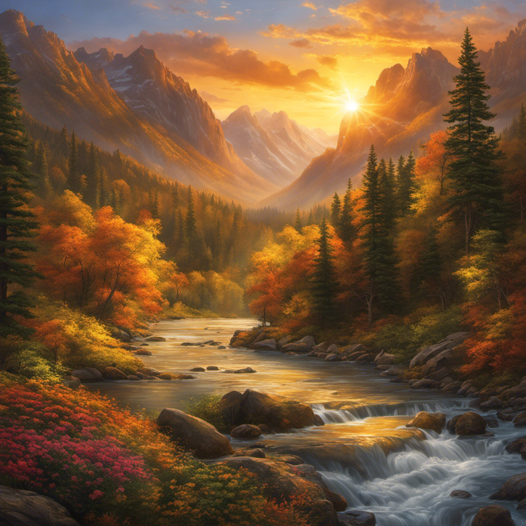 An image showcasing the awe-inspiring power of radiant energy: A golden sunset casts its warm glow over a vast landscape, illuminating towering mountains, lush forests, and a serene river, all basking in the ethereal light