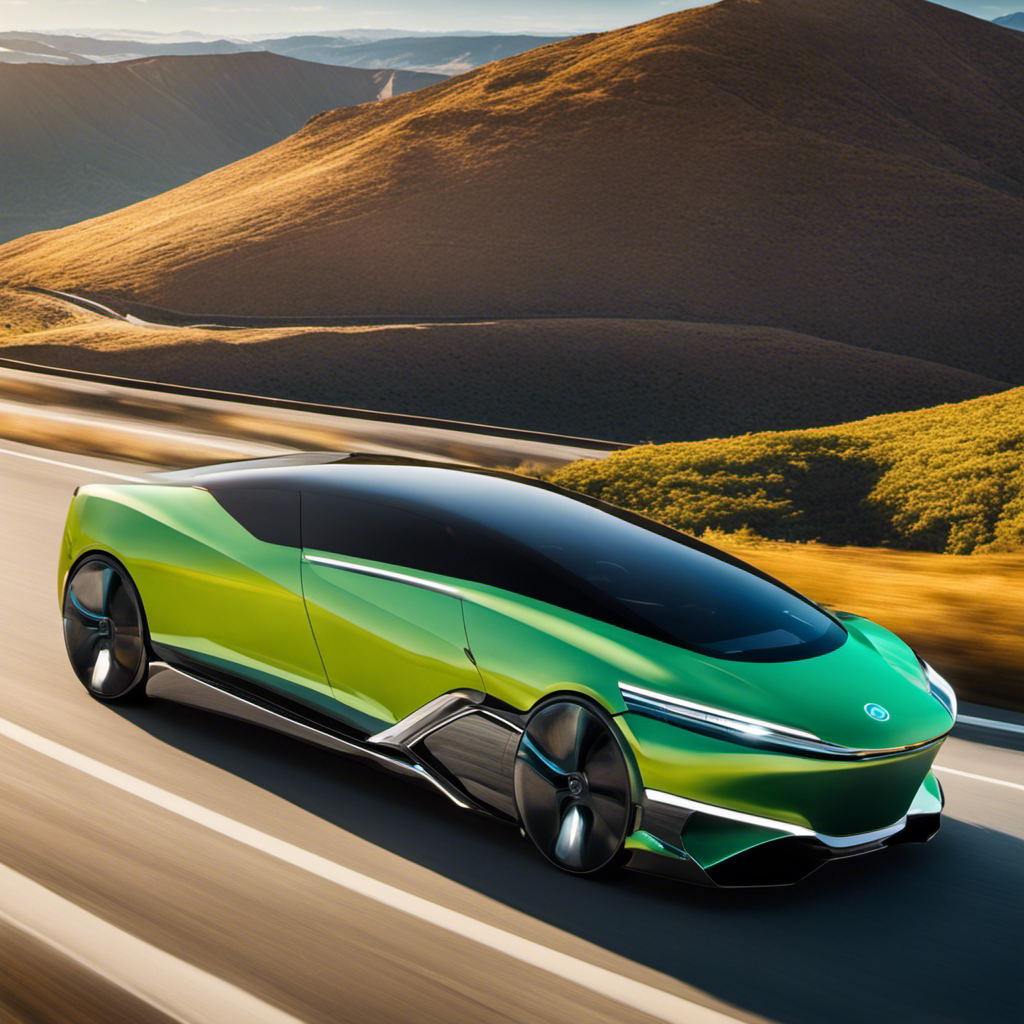 An image showcasing a modern hydrogen fuel cell car on a smooth, open road, surrounded by a vibrant landscape