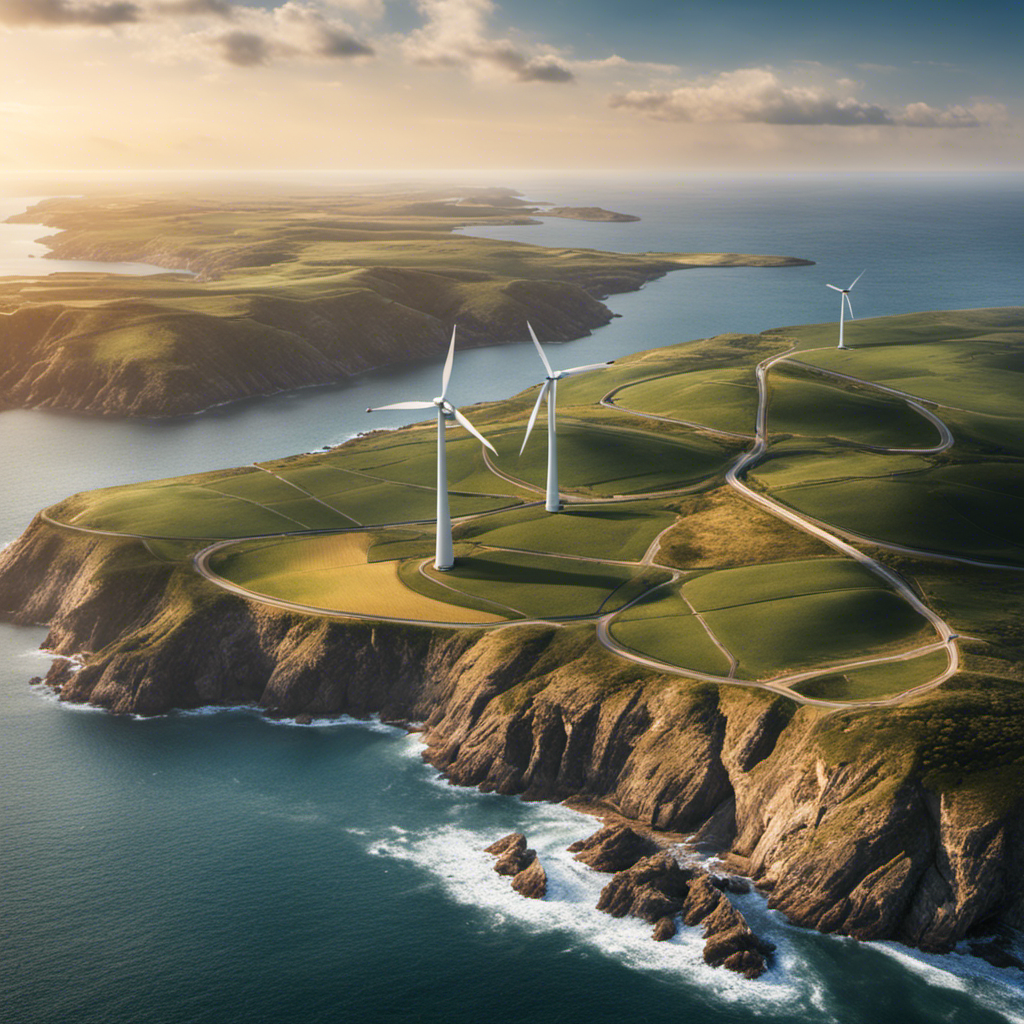 An image showcasing a wind turbine surrounded by a coastal landscape, highlighting its innovative design features, meticulous maintenance, and strategic location - illustrating the factors influencing wind turbine longevity