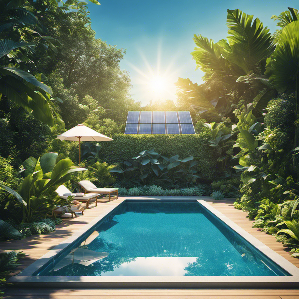An image showcasing a sparkling blue swimming pool with a solar pool cover neatly fitted on top, surrounded by lush green plants and a bright sunny sky overhead