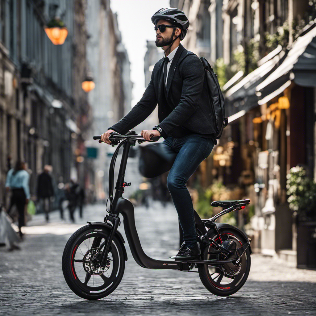An image showcasing a person riding a folding electric bike through a bustling city street
