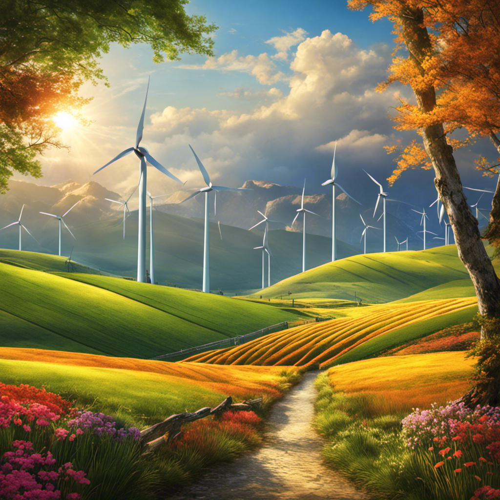 An image depicting a vibrant and dynamic landscape with wind turbines and solar panels seamlessly integrated