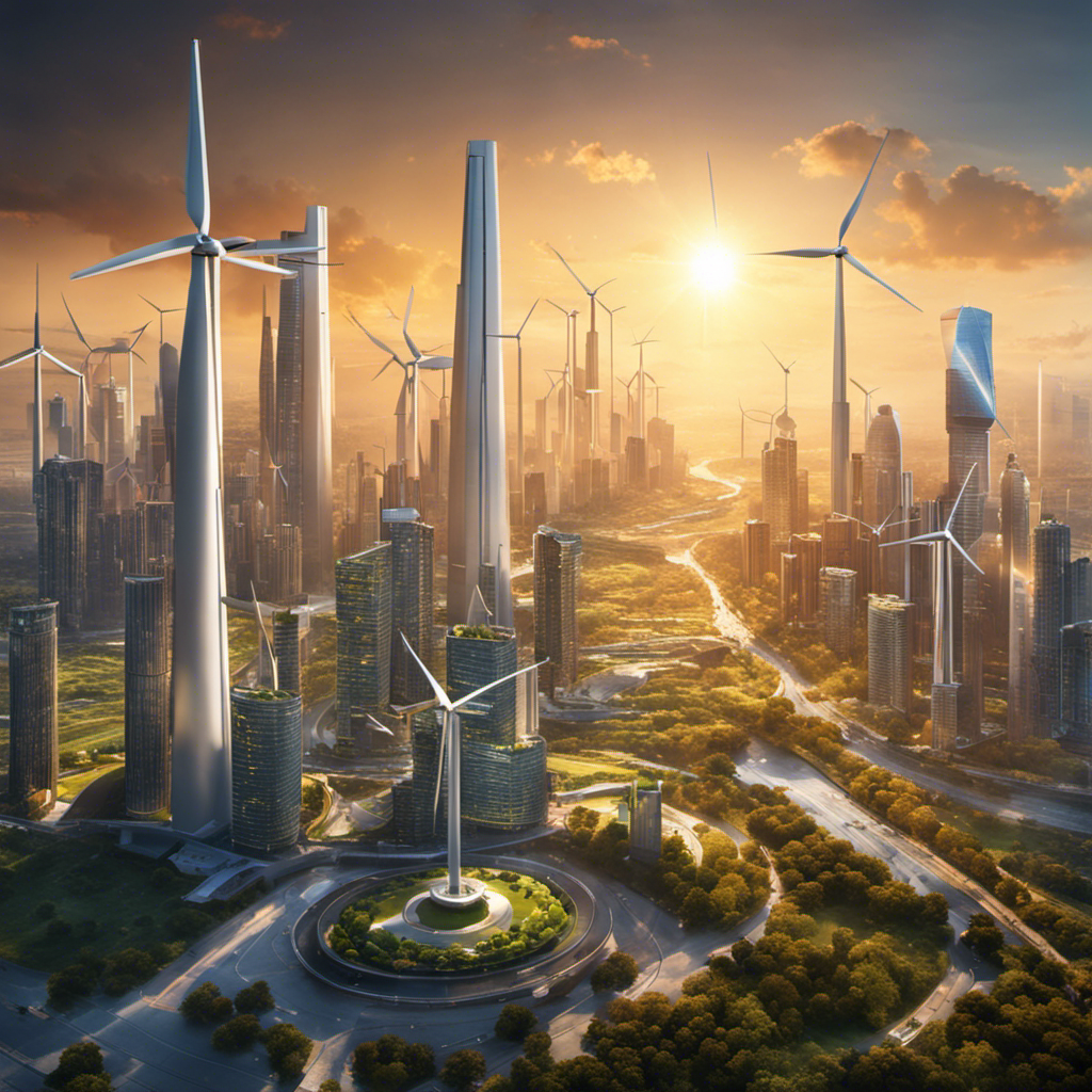 An image showcasing a futuristic cityscape with sleek skyscrapers adorned with wind turbines and solar panels, illustrating the potential of renewable energy