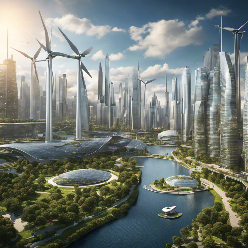 An image of a futuristic cityscape with sleek, high-rise buildings adorned with advanced wind turbines and solar panels, seamlessly integrating renewable energy into everyday life