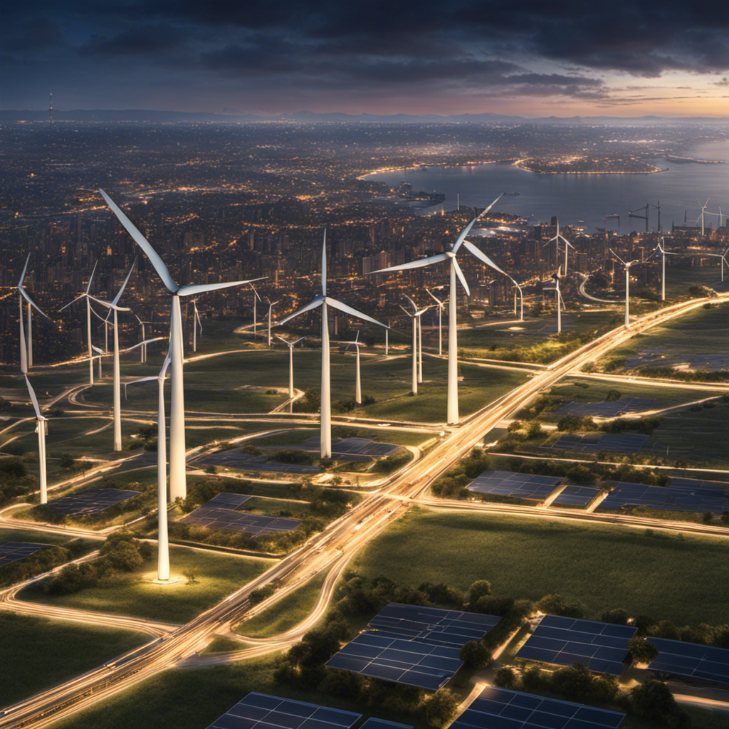 An image depicting a vibrant cityscape at dusk, showcasing wind turbines and solar panels seamlessly integrated into the existing energy grid