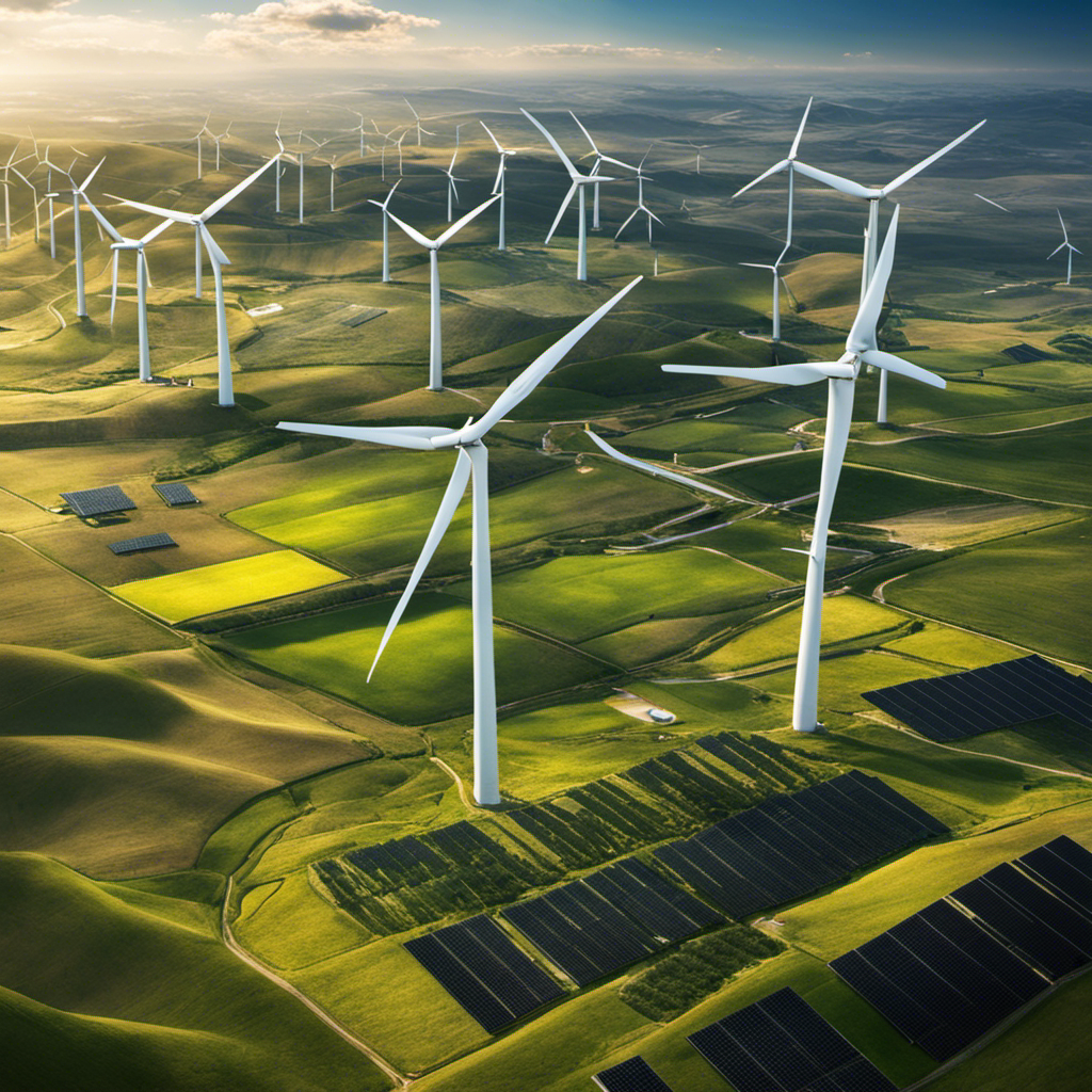 An image displaying a vast landscape with wind turbines and solar panels stretching as far as the eye can see, highlighting their integration into the environment and conveying the potential for renewable energy to sustain us indefinitely