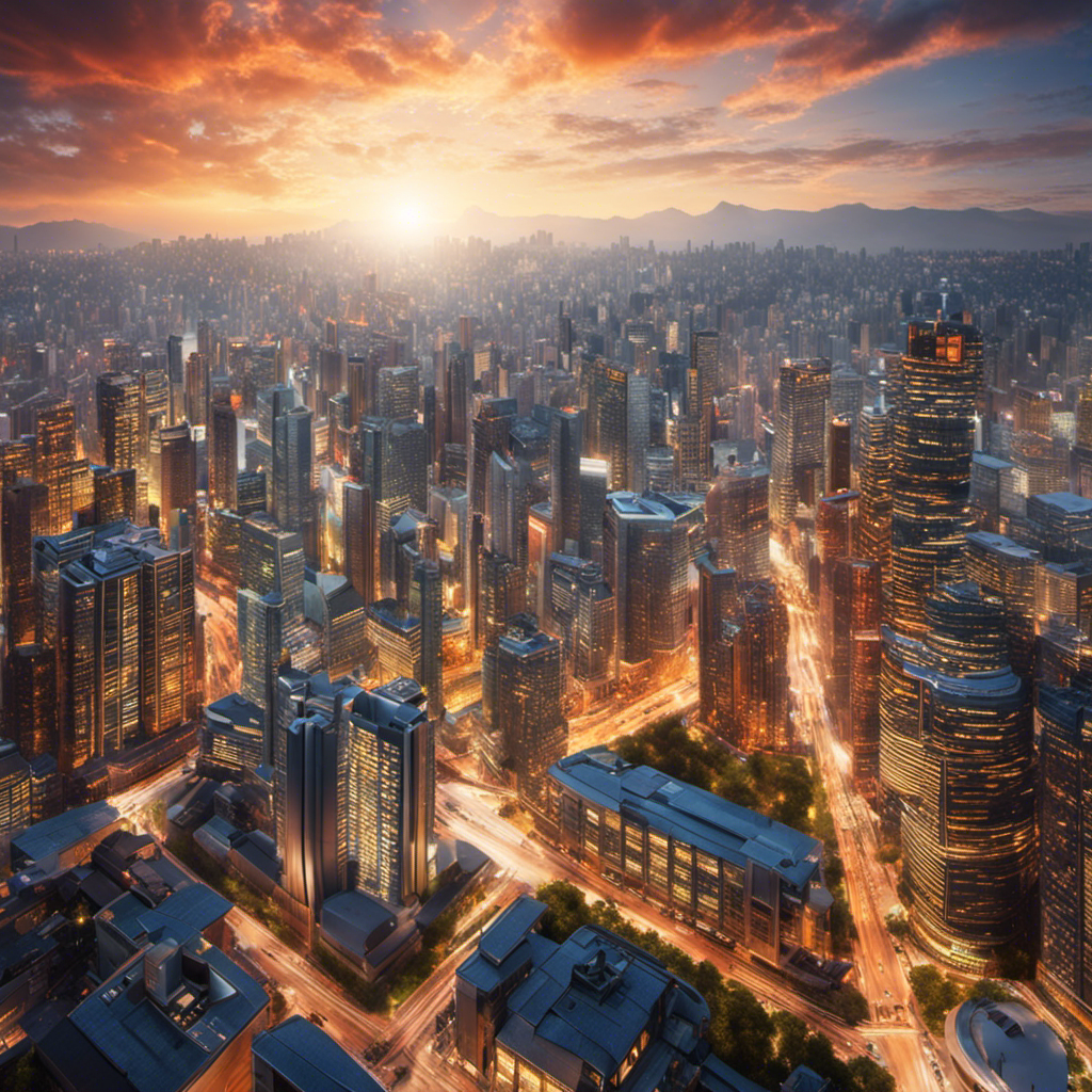 An image showcasing a bustling city skyline with numerous buildings, where tall skyscrapers are connected to the Earth's core through vibrant, intricate geothermal energy systems; illustrating the diverse applications of geothermal energy