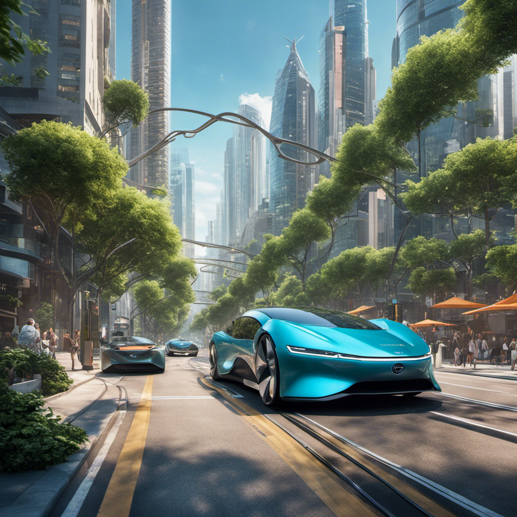 An image showcasing a bustling city street filled with sleek, aerodynamic electric vehicles gliding silently through futuristic lanes, while charging stations seamlessly blend into the urban landscape, surrounded by lush greenery