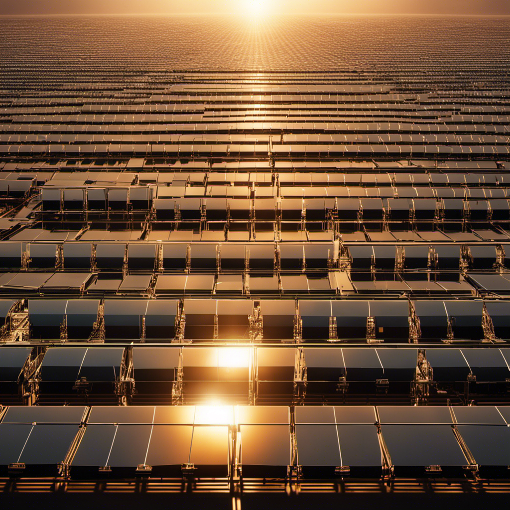 An image that depicts a horizon filled with sleek, shimmering solar panels stretching as far as the eye can see, capturing the essence of a futuristic world powered by clean, limitless solar energy