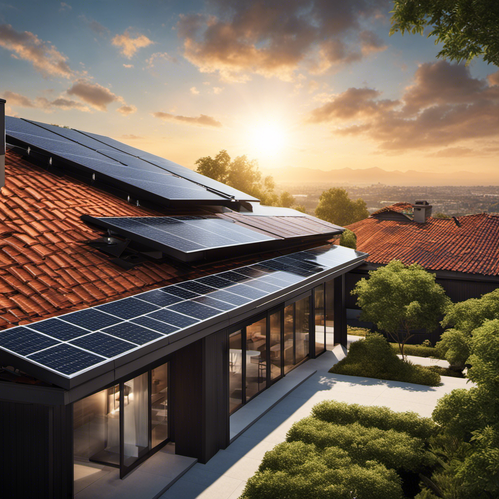 An image showcasing a serene rooftop scene, with a multitude of sleek, black solar panels glistening under the vibrant sun, harnessing its energy to power a house, while a soft glow emanates from within