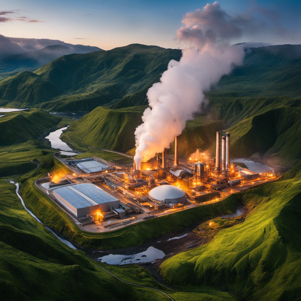 An image showcasing a vibrant geothermal power plant nestled within a lush landscape, with steam rising from the earth's surface, demonstrating how geothermal energy harnesses the Earth's internal heat as a sustainable power source
