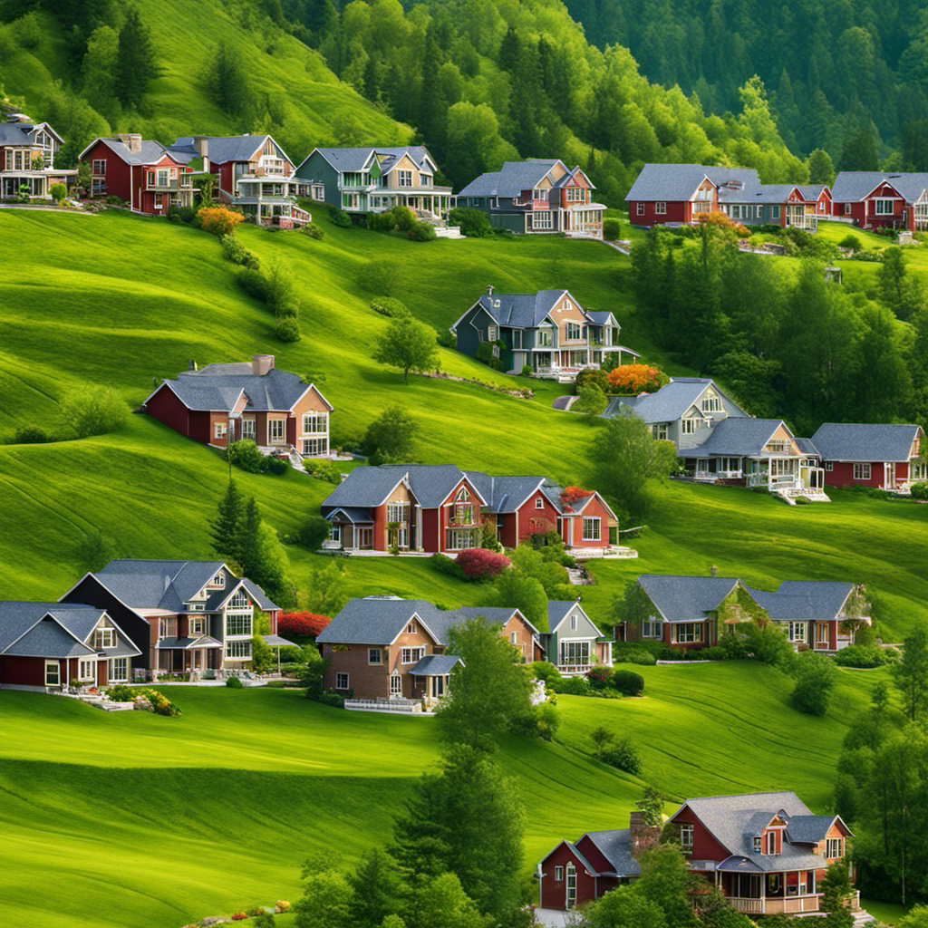 An image showcasing rows of cozy, well-lit homes nestled in the lush valleys of a geothermal-powered community