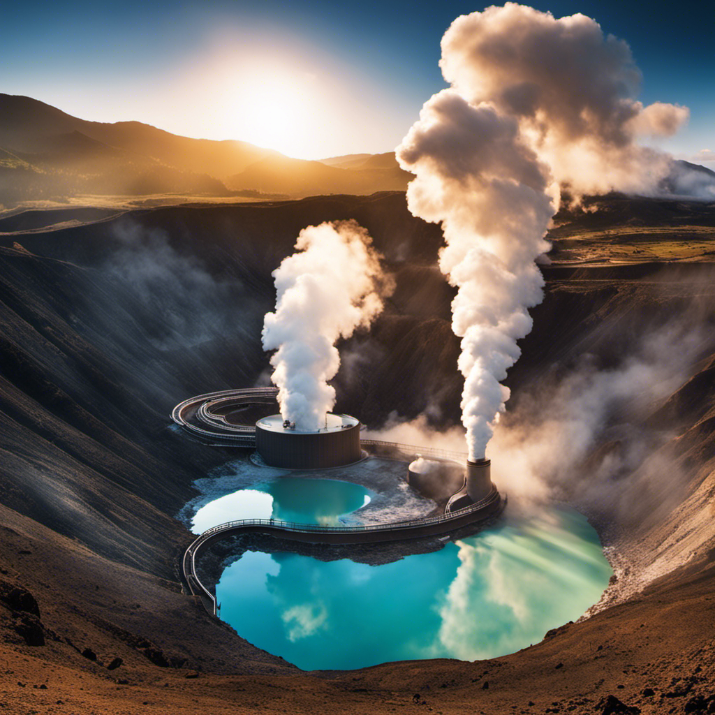 An image showcasing the process of geothermal energy production, depicting underground steam rising from the earth's core, while volcanic rocks heat the water, releasing vapor that turns turbines, and finally, clean energy is generated