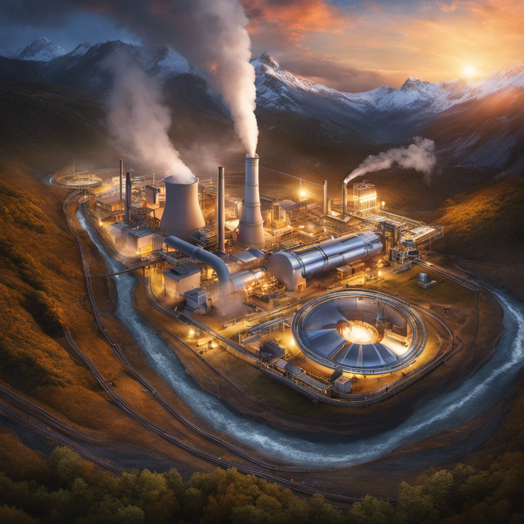 An image showcasing a geothermal power plant, with a vivid depiction of underground hot water or steam being channeled through a pipe to spin the turbine, which in turn powers the generator