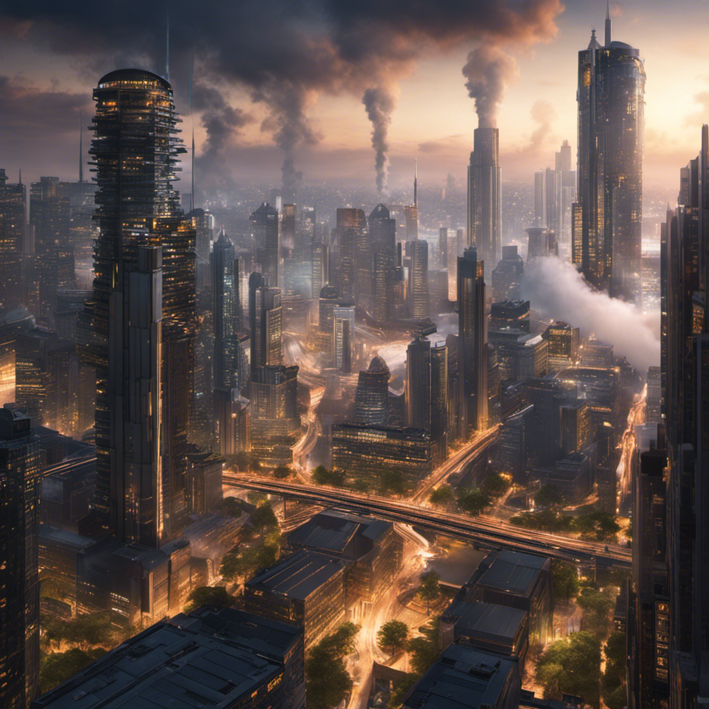An image showcasing a bustling city skyline with towering skyscrapers, where underground geothermal energy is harnessed to power the entire metropolis, with steam rising from well-equipped geothermal power plants in the foreground