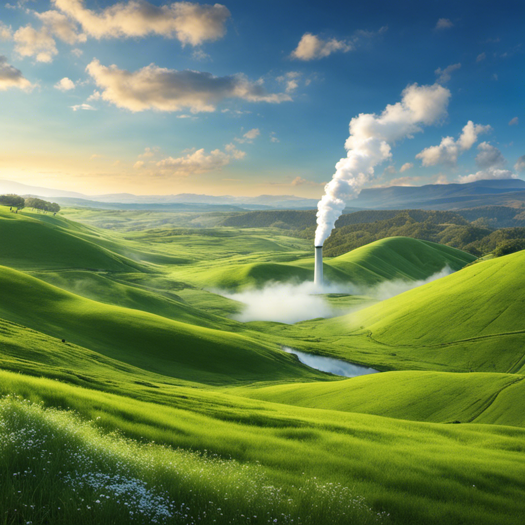 An image showcasing a picturesque landscape with rolling green hills, dotted with geothermal power plants emitting wisps of steam against a clear blue sky