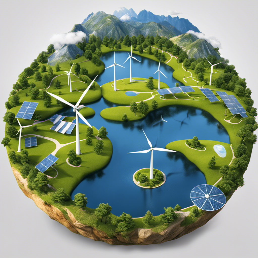 An image showcasing a diverse landscape with wind turbines, solar panels, and hydroelectric power plants harmoniously integrated into the environment, symbolizing the global adoption of renewable energy policies