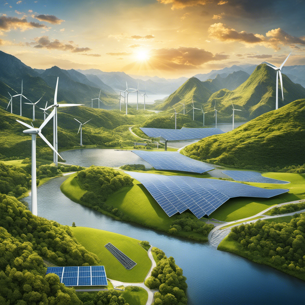 An image showcasing a diverse landscape with wind turbines, solar panels, and hydroelectric dams, symbolizing the global achievements in renewable energy